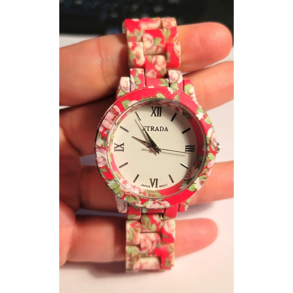 NEW Strada Women's Pink Floral Silicone Band Analog Watch Japan Movt
